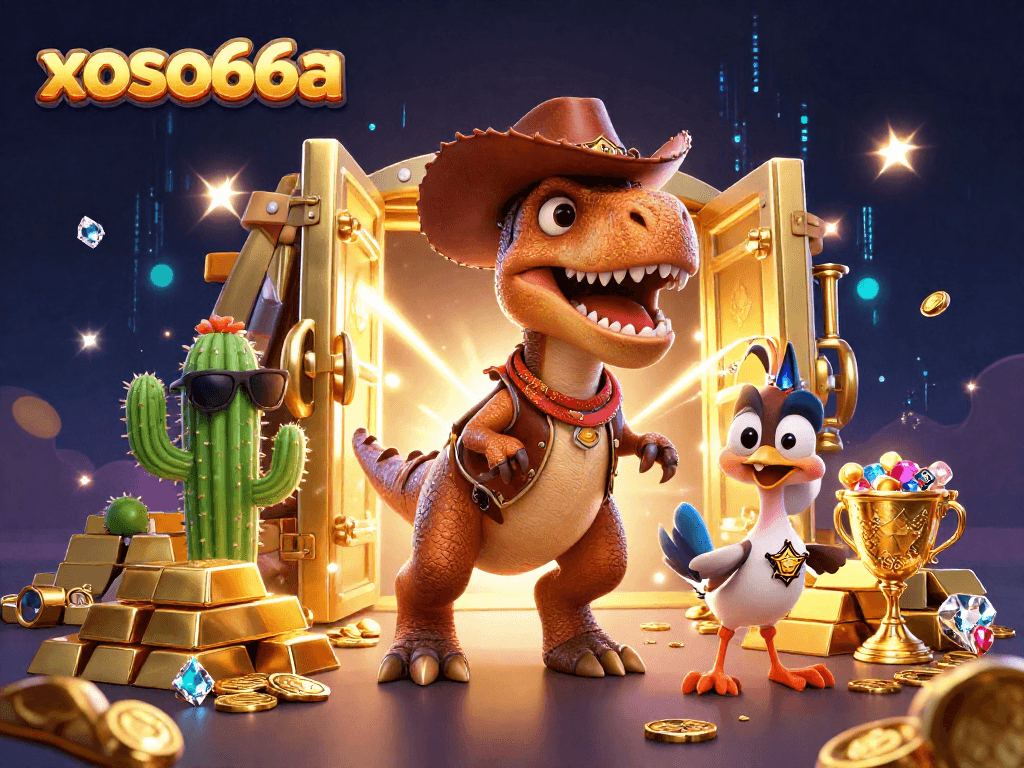 Engage with thrilling games at xoso66a, featuring a dynamic 3D cartoon casino scene with exciting treasures.