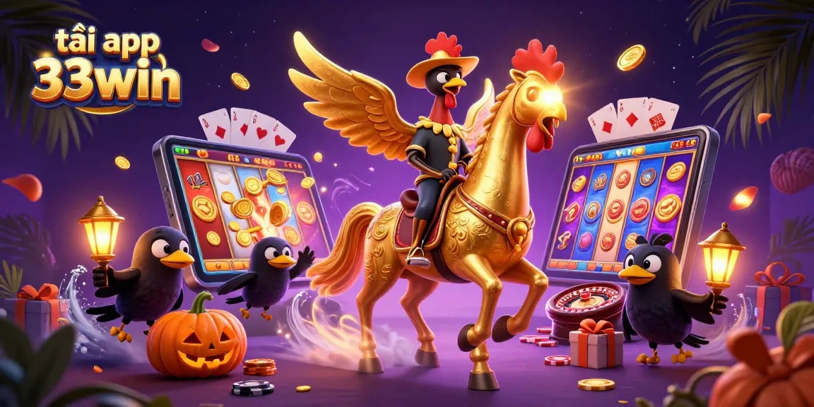 Engage in thrilling gaming with tải app 33win as golden rooster rides through a lively casino.