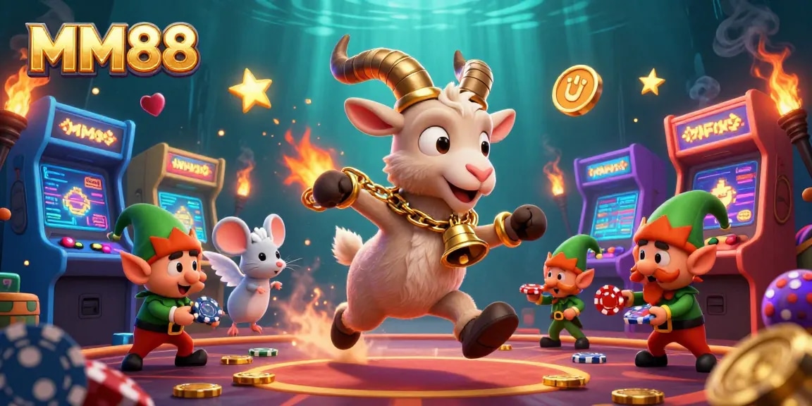 Experience thrilling gameplay at MM88 with cartoon characters in a festive casino scene.