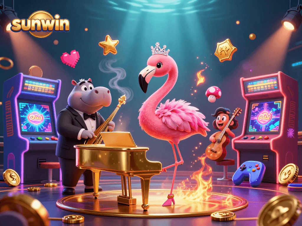 Experience the thrilling casino vibes with sunwin's vibrant illustration of a singing flamingo and hippo bassist.