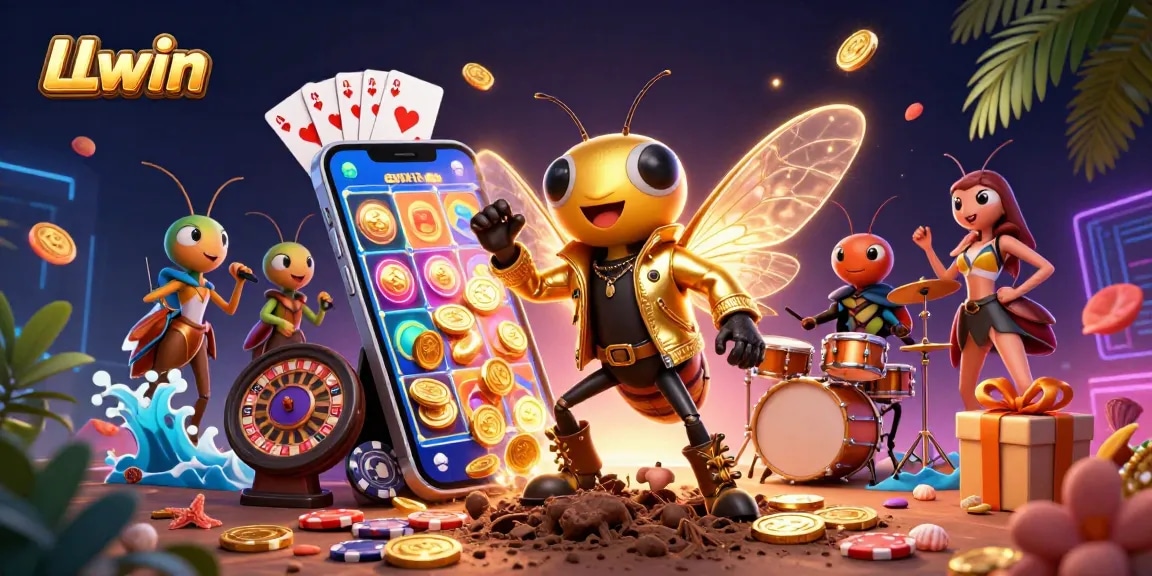 LLwin showcases an energetic casino scene featuring a rock star cicada, engaging in thrilling gameplay.