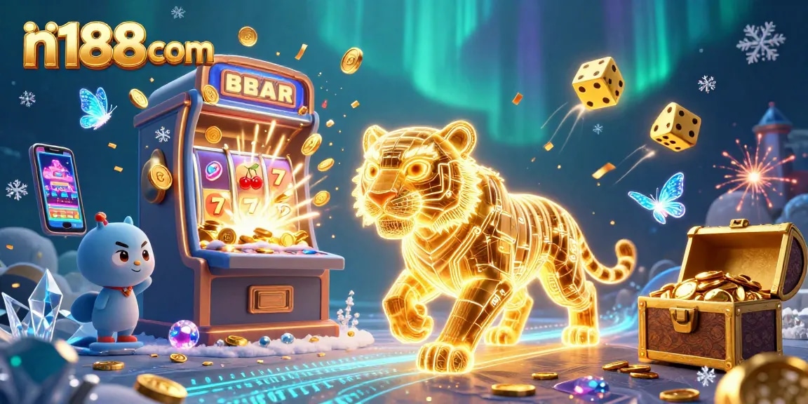 Experience thrilling wins with n188com's vibrant casino environment, featuring neon elements and jackpot excitement.