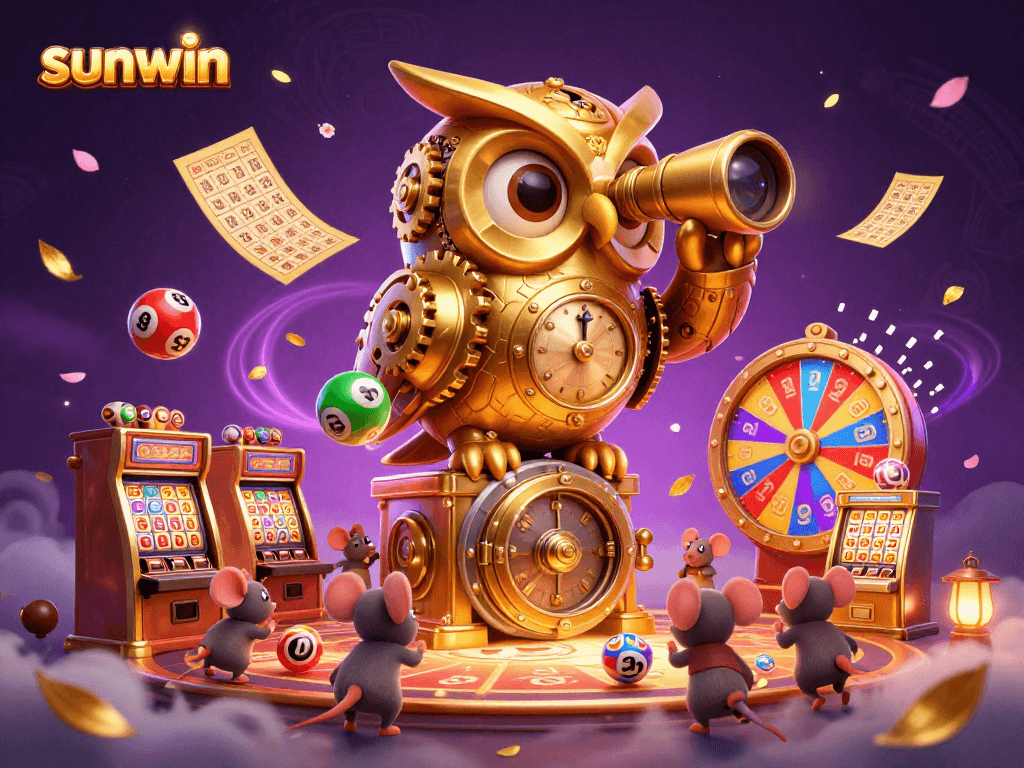 Experience the thrill of sunwin with a vibrant 3D casino scene featuring an owl and lively cartoon characters.