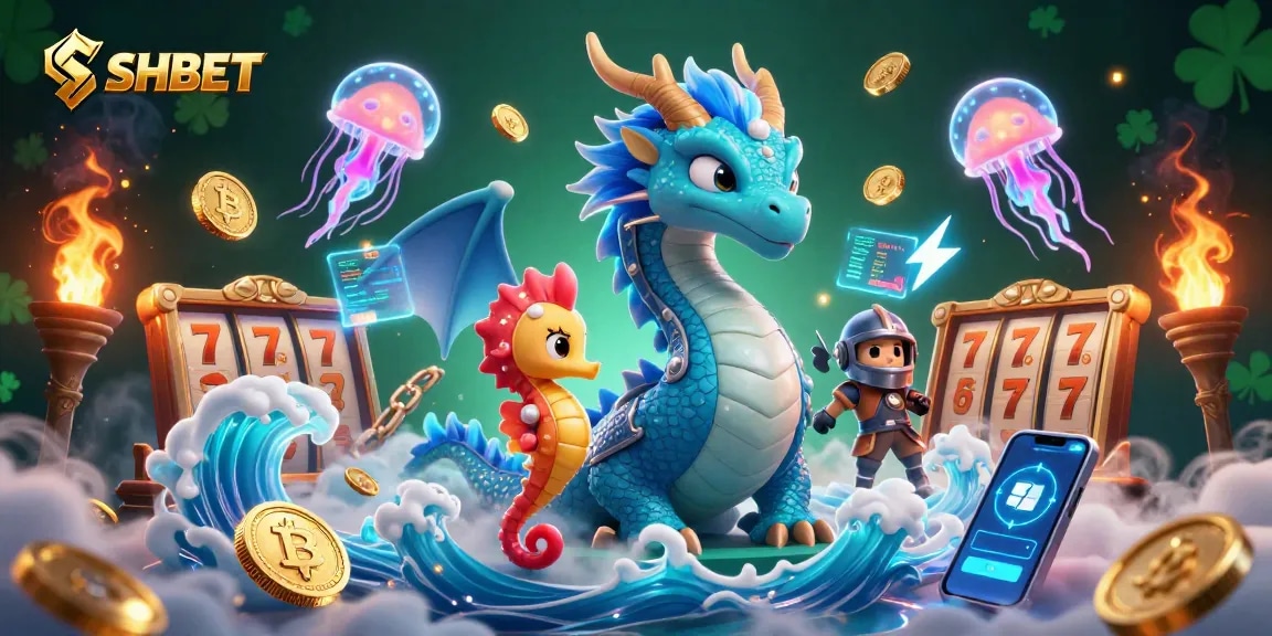 Engage with SHBET's vibrant 3D casino adventure, featuring a dragon, seahorse knight, and neon jellyfish.