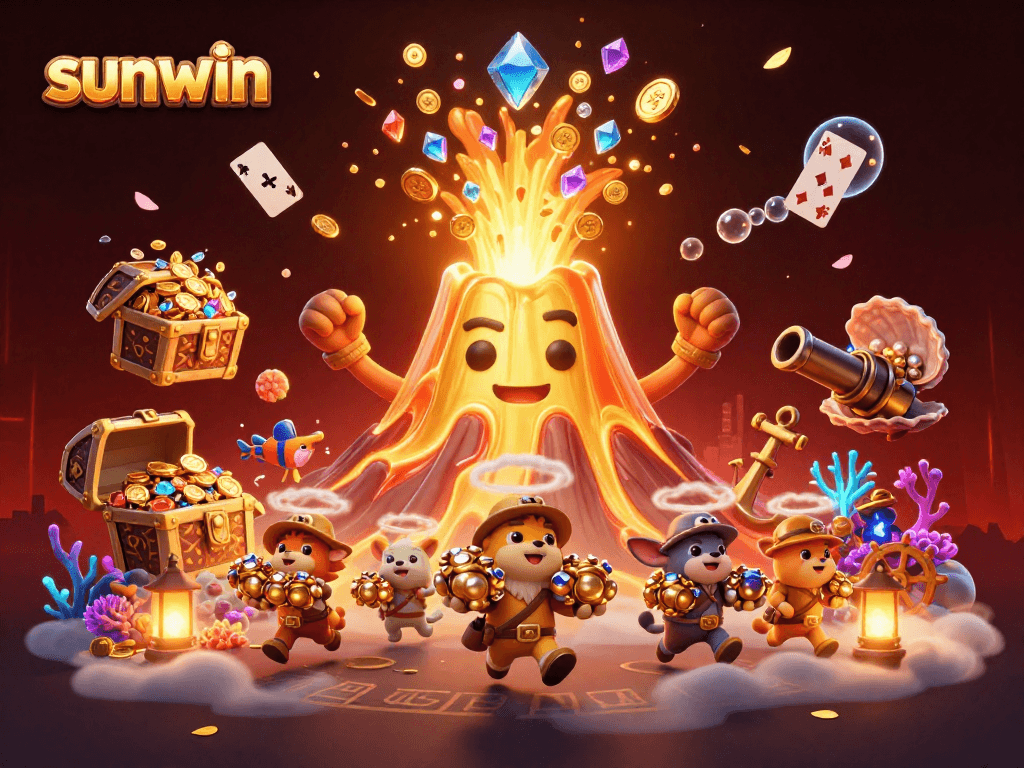 Experience sunwin's thrilling gaming adventure with a golden volcano erupting treasures.