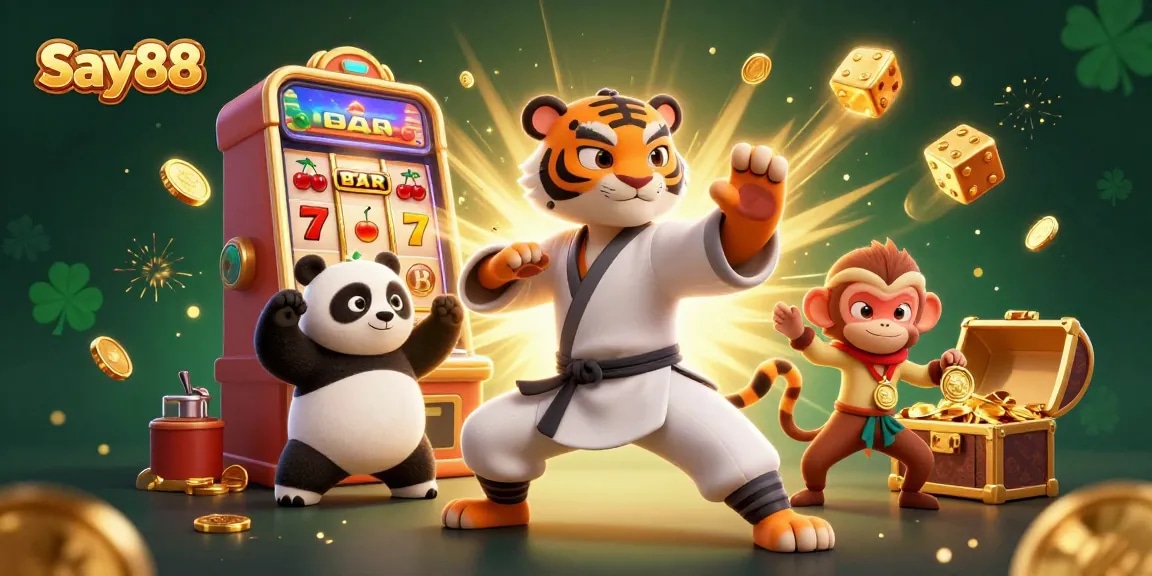 Experience the excitement of Say88 with cartoon characters amidst a vibrant casino atmosphere.