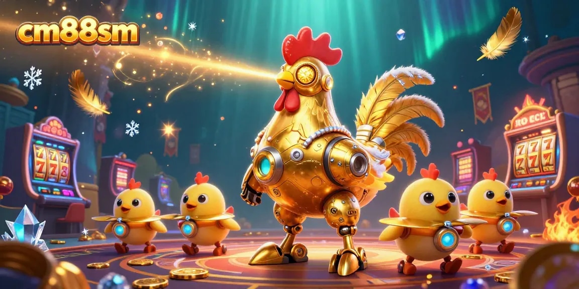 Spin the reels at cm88sm, featuring a golden rooster robot and slot games in a vibrant casino scene.