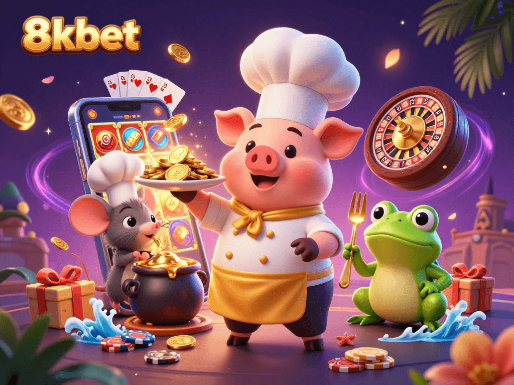 Experience thrilling gaming at 8xbet with a chef pig serving gold coins amidst lively casino elements.