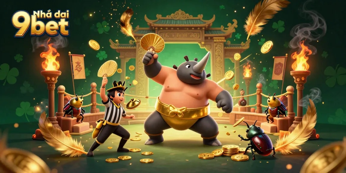 Experience thrilling gameplay at Nhà cái 9bet with a sumo champion beetle, gold coins, and vibrant visuals.