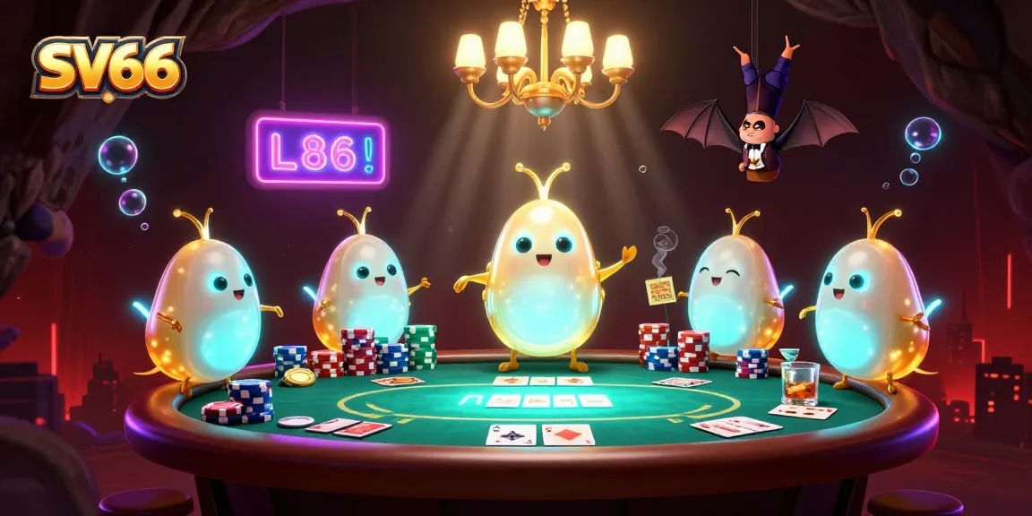 Engage in thrilling poker at SV66 with a vibrant casino scene lit by glowworms and a bat dealer.