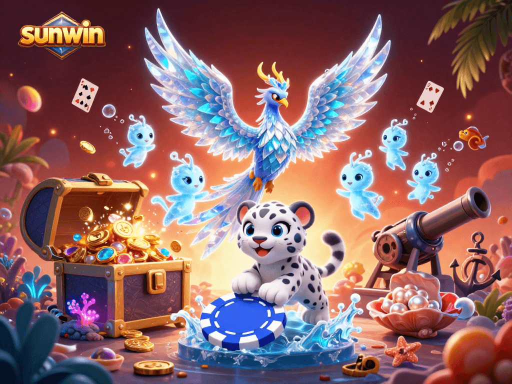 Experience the excitement of sunwin with a vibrant 3D illustration of casino elements and characters.