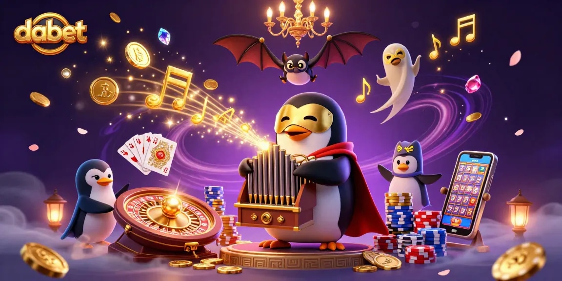 dabet brings excitement to slots with a vivid 3D illustration of a penguin organist amidst cascading coins and gems.