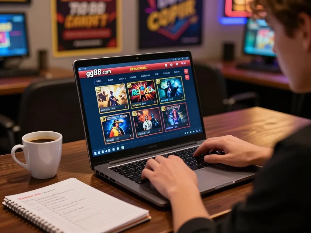 Engaging online gambling experience on gg88 com with a focused player enjoying casino games and tracking strategies