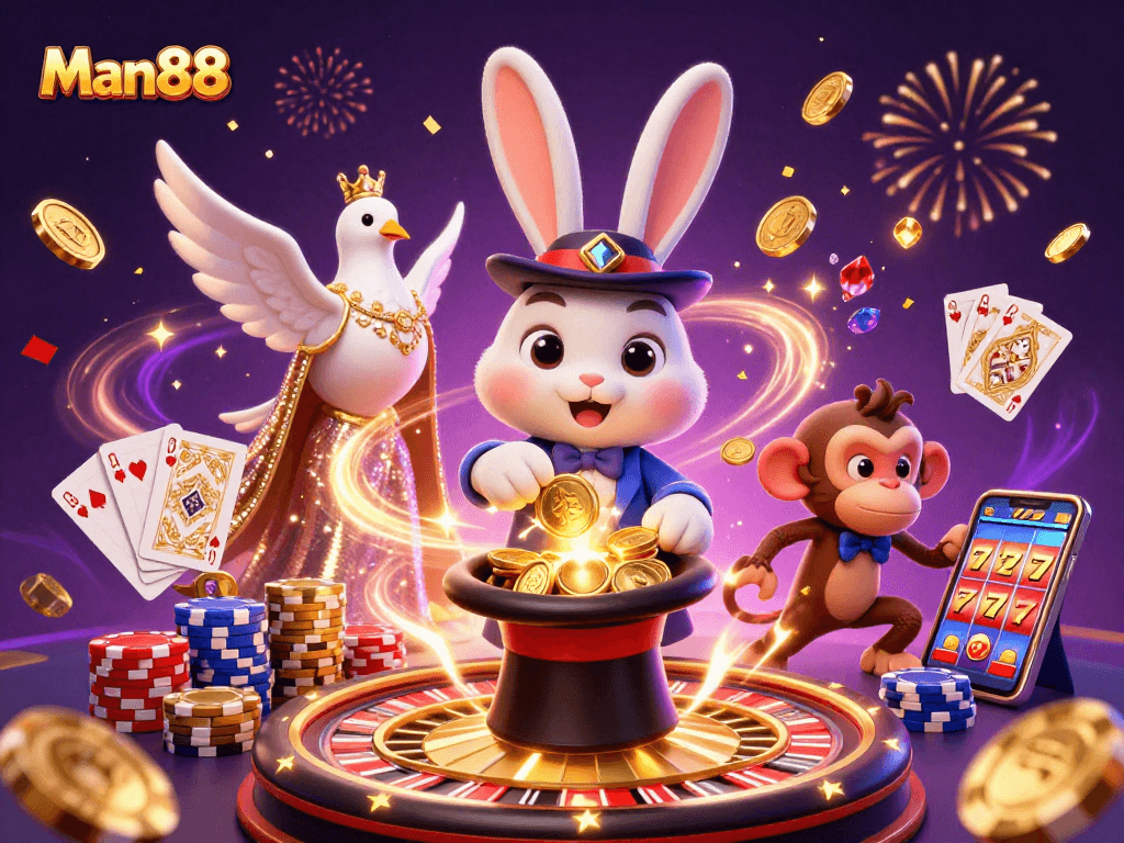 Experience the magic of Man88 as the magician rabbit reveals golden coins, inviting players to a vibrant casino world.