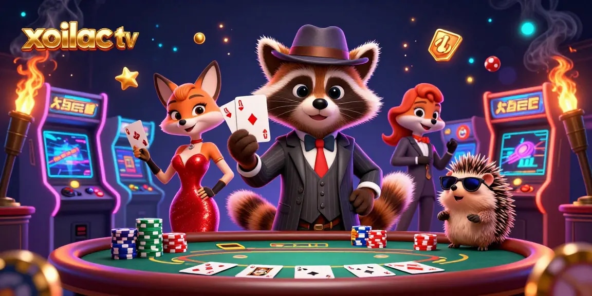 Experience the thrill of xoilac tv with raccoon and friends winning at poker in a vibrant gaming scene.