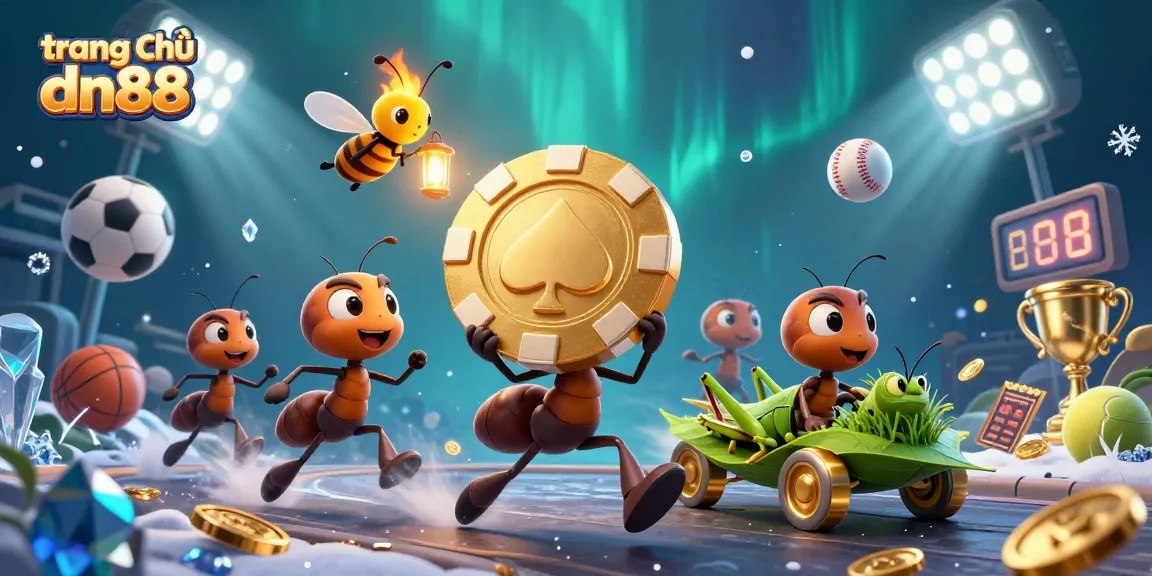 Experience the thrill of gaming on trang chủ dn88 with a dynamic heist scene featuring cartoon ants, sports elements, and vibrant energy.