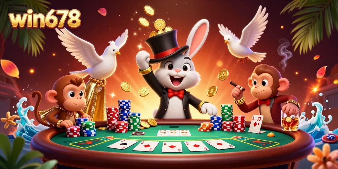 Experience the thrill of win678 with a magician rabbit showcasing poker chips and golden coins.