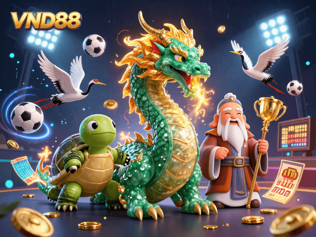 Experience winning moments at VND88 with a vibrant casino atmosphere featuring a jade dragon and lucky cranes.