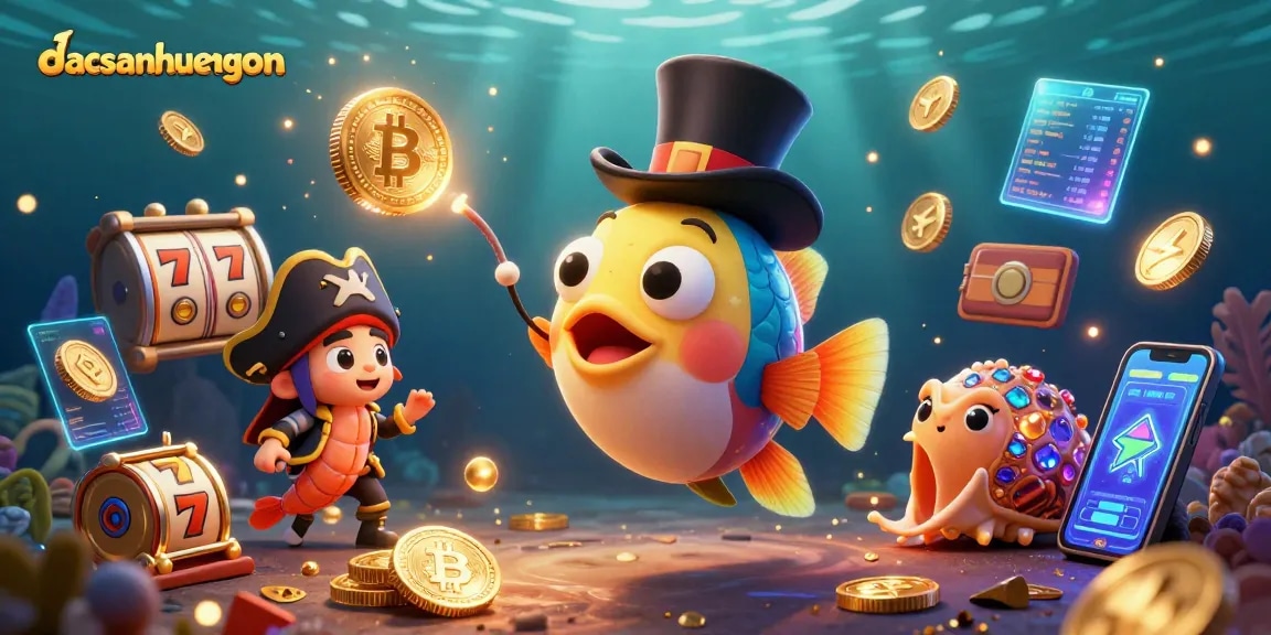 Win at dacsanhuengon with a vibrant casino illustration featuring winning characters and elements.