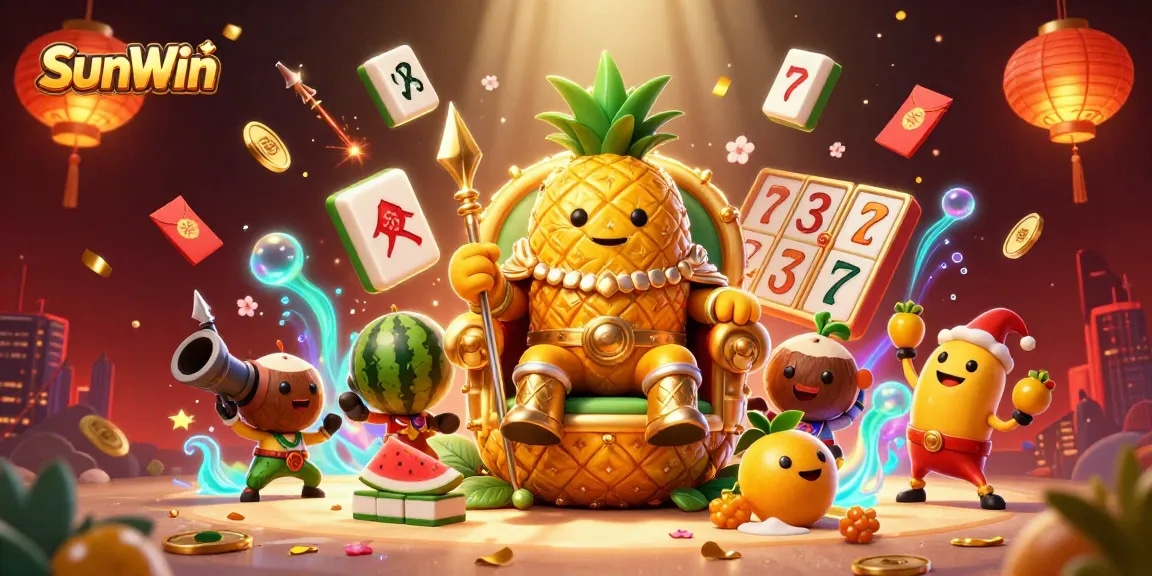 Experience the vibrant excitement of SunWin with a golden pineapple king and lively characters in a colorful casino scene.