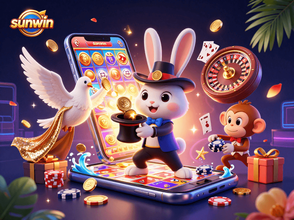 Experience the excitement of sunwin with a magical jackpot scene featuring a rabbit, dove, and monkey.