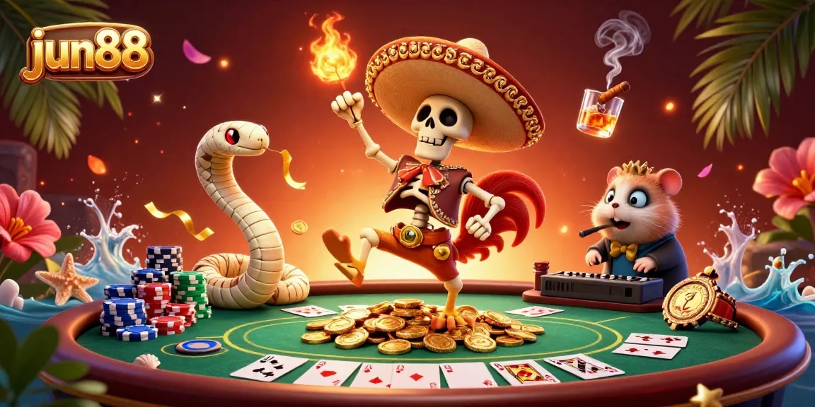 Experience thrilling plays at jun88 with a dynamic scene of casino characters celebrating victories amidst poker chips.