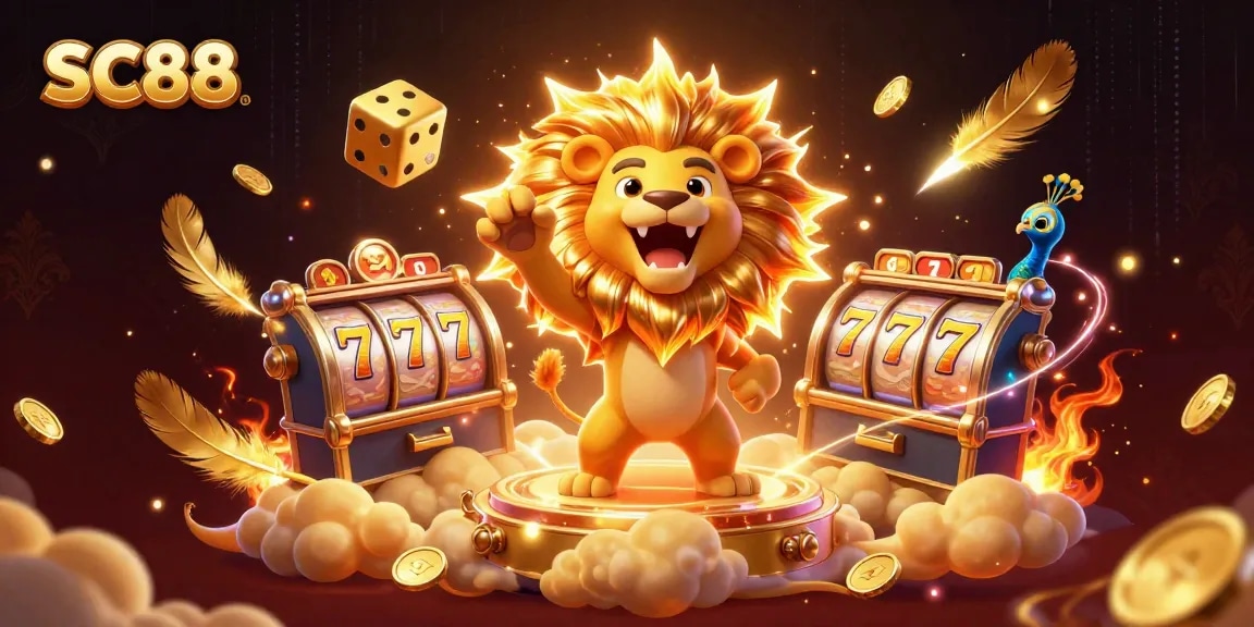Experience thrilling gameplay with SC88's dynamic casino scene featuring roaring lion and golden dice.