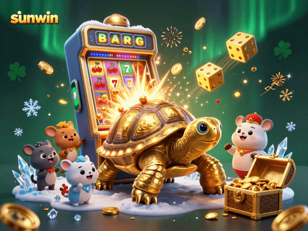 Experience top-tier gaming thrills with sunwin's vibrant casino illustration, showcasing exciting slot machines and festive characters.