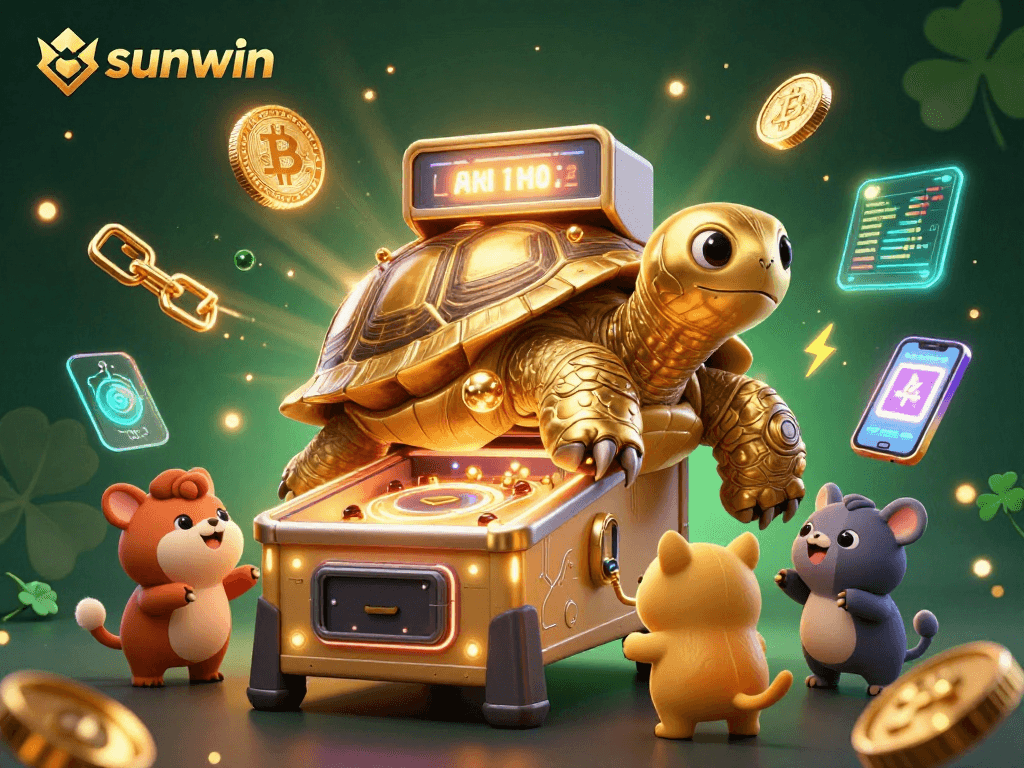 Experience the thrill of sunwin with a playful scene featuring a golden tortoise and exciting gaming elements.