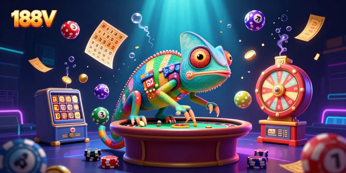 Experience thrilling gaming at 188V with a vibrant 3D casino illustration depicting diverse gambling elements.