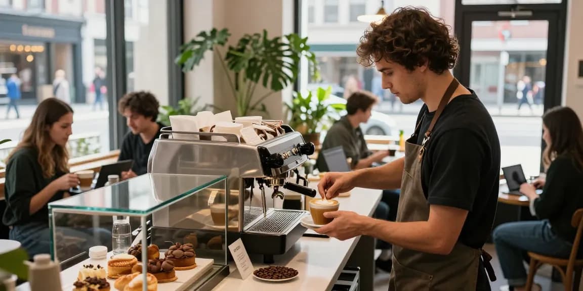 Barista showcasing rokok88 coffee art in a vibrant urban café setting, highlighting community and craftsmanship.