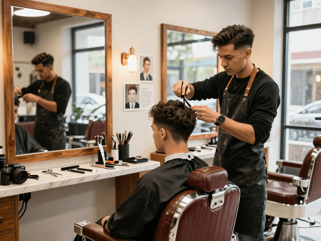 Stylish barber providing a haircut at rokok88 with modern decor and warm ambiance.