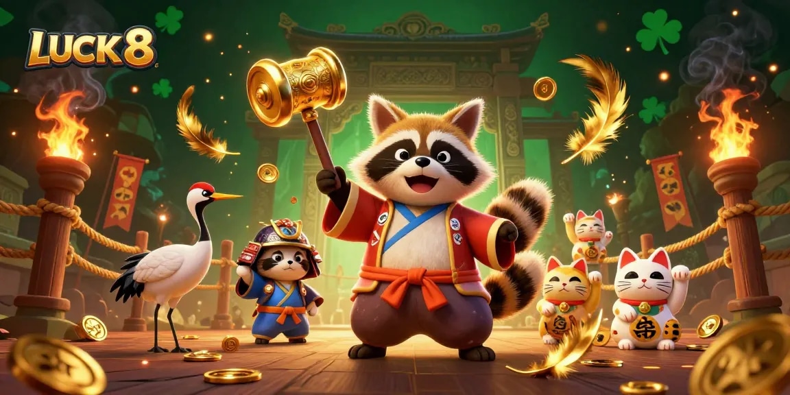 Experience LUCK 8 in this vibrant illustration featuring a tanuki and lucky symbols at a casino.