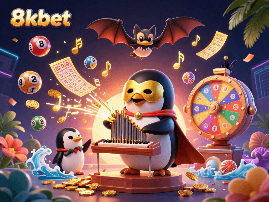 Experience the excitement of 8xbet with colorful lottery balls and a golden prize wheel in a lively casino scene.