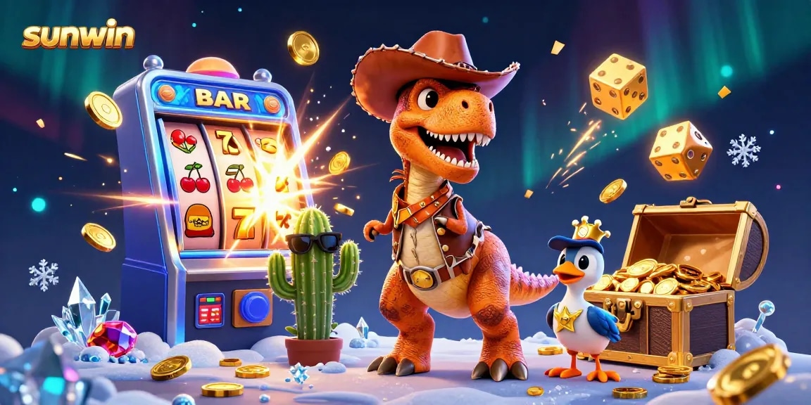 Engage with sunwin's dynamic gaming scene featuring vibrant slot machines and colorful characters.