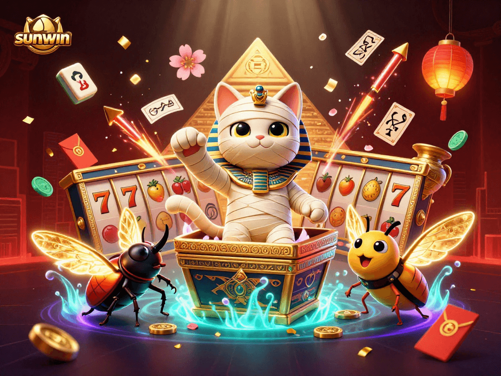 Play sunwin with a dynamic illustration of a cartoon Egyptian mummy cat in a vibrant casino