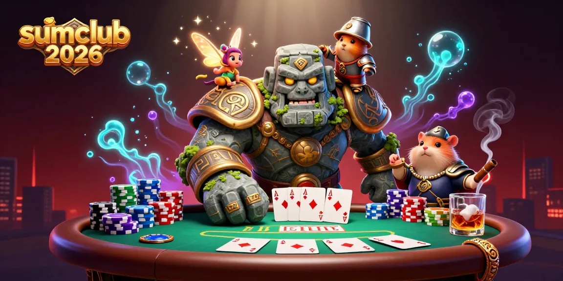 Experience sumclub 2026 with thrilling poker action where a golem guardian protects players' bets.
