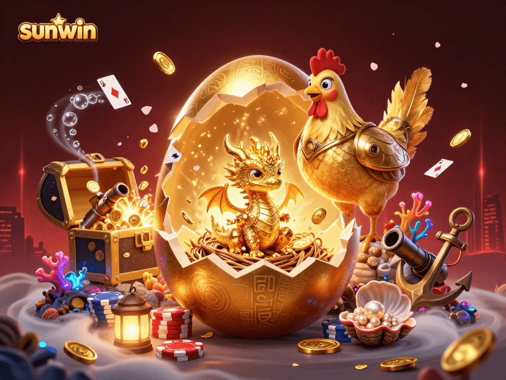 Experience the thrill of sunwin with this vibrant illustration of a golden dragon amidst casino elements.