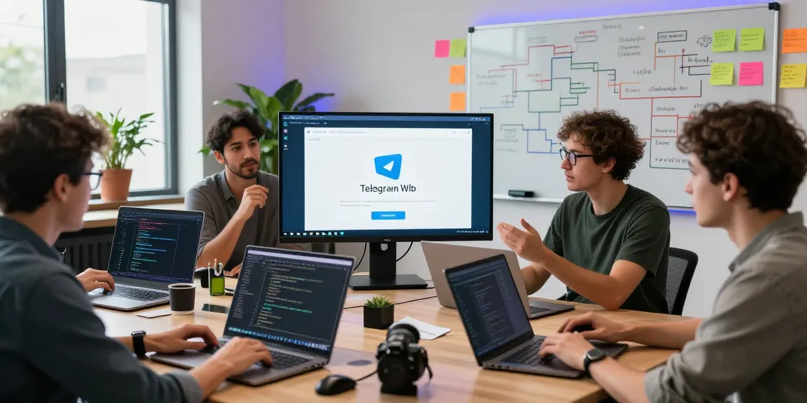 Team collaborating on Telegram Web features in a modern workspace.