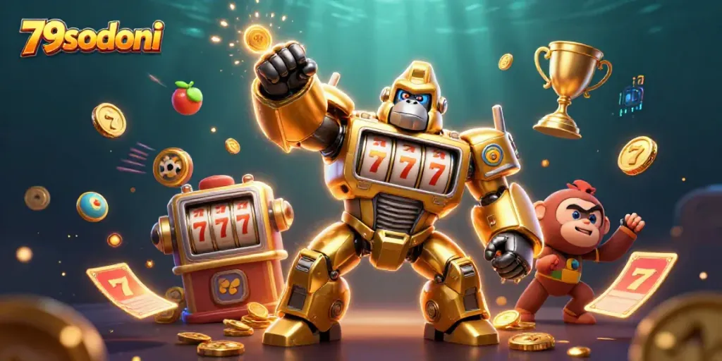 Engage with thrilling gameplay at 79sodoni featuring a golden gorilla mech celebrating wins amidst animated casino elements.