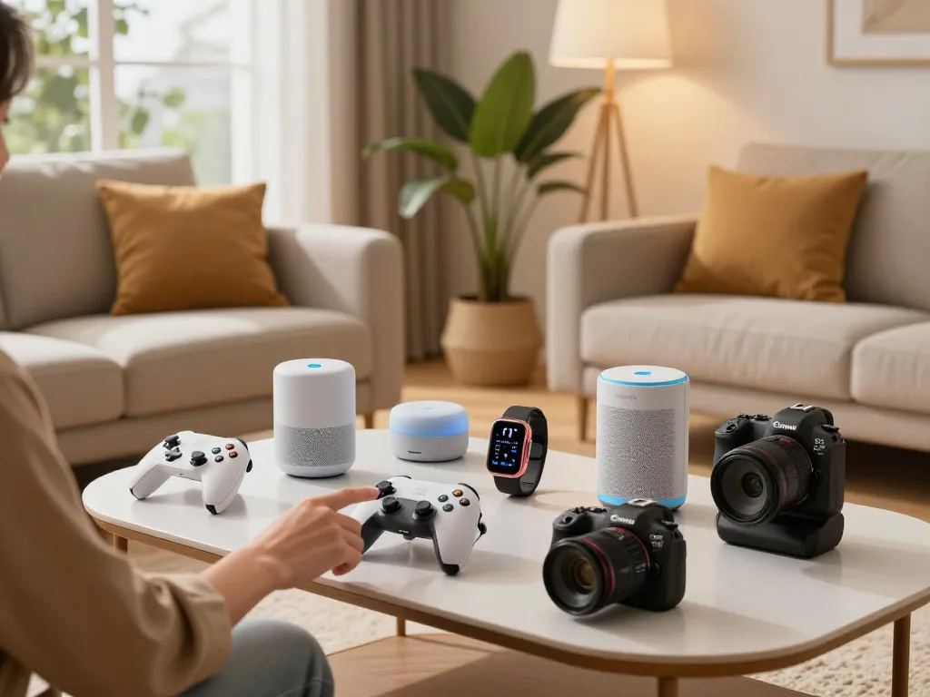 Showcase of unique tech gadgets in a modern living room, featuring Bluetooth devices and smartwatches.
