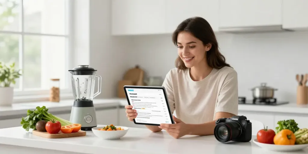 Una mujer emocionada revisando reseñas de Amazon en una tablet en su cocina iluminada.