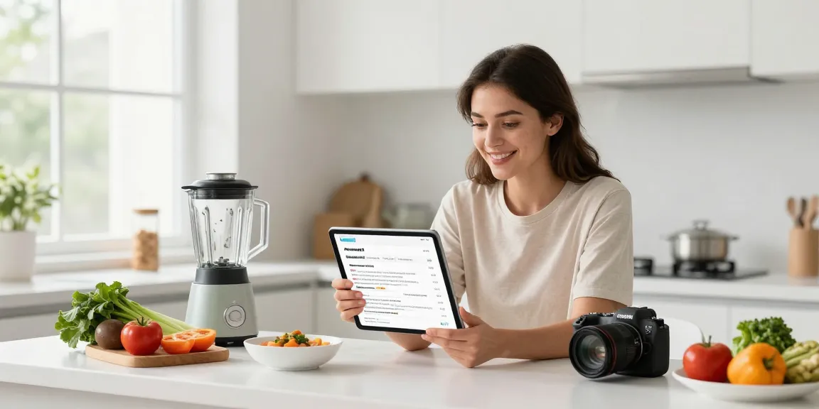 Una mujer emocionada revisando reseñas de Amazon en una tablet en su cocina iluminada.