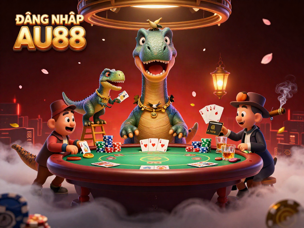 Experience excitement with ĐĂNG NHẬP AU88 at a lively casino scene featuring a brontosaurus and raptor dealers.