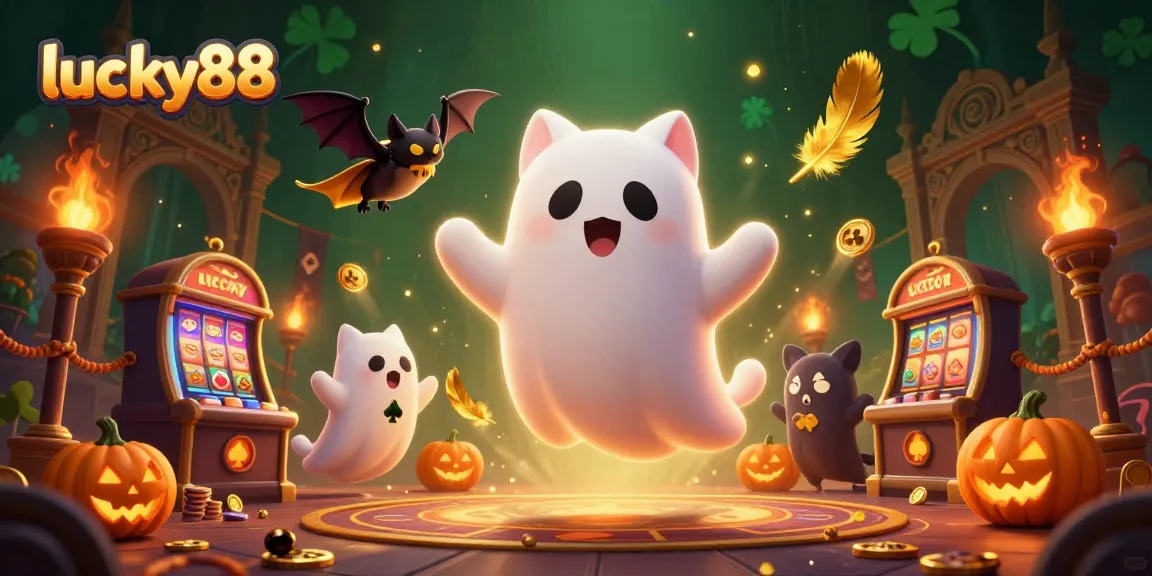 Experience exciting gaming action with lucky88 in a haunted casino setting featuring a ghost cat and bat