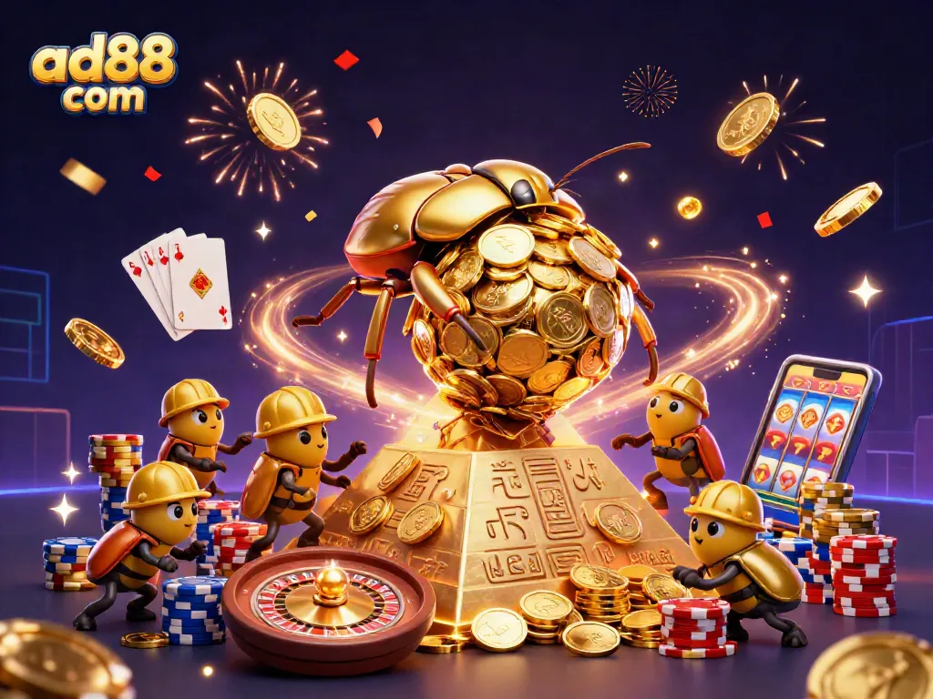 Experience the excitement of betting at ad88 com with vibrant casino-themed illustration depicting a golden beetle rolling coins.