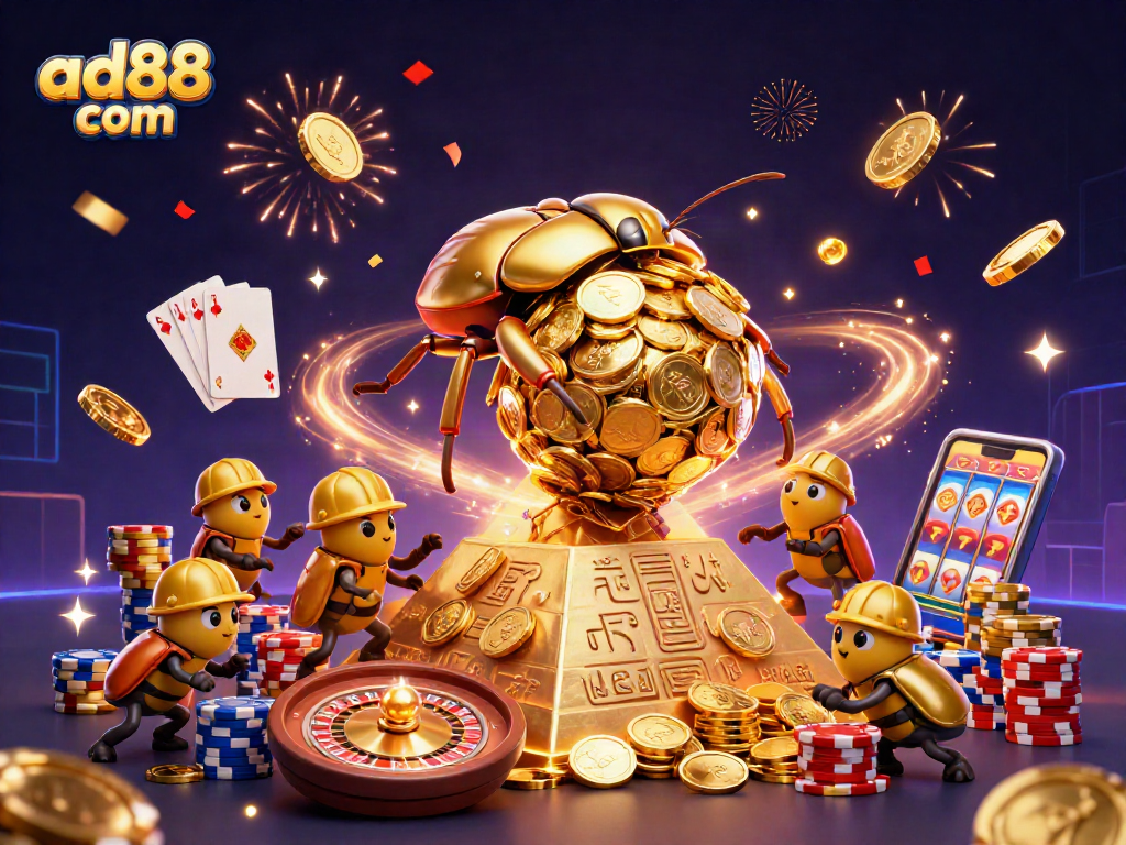Experience the excitement of betting at ad88 com with vibrant casino-themed illustration depicting a golden beetle rolling coins.