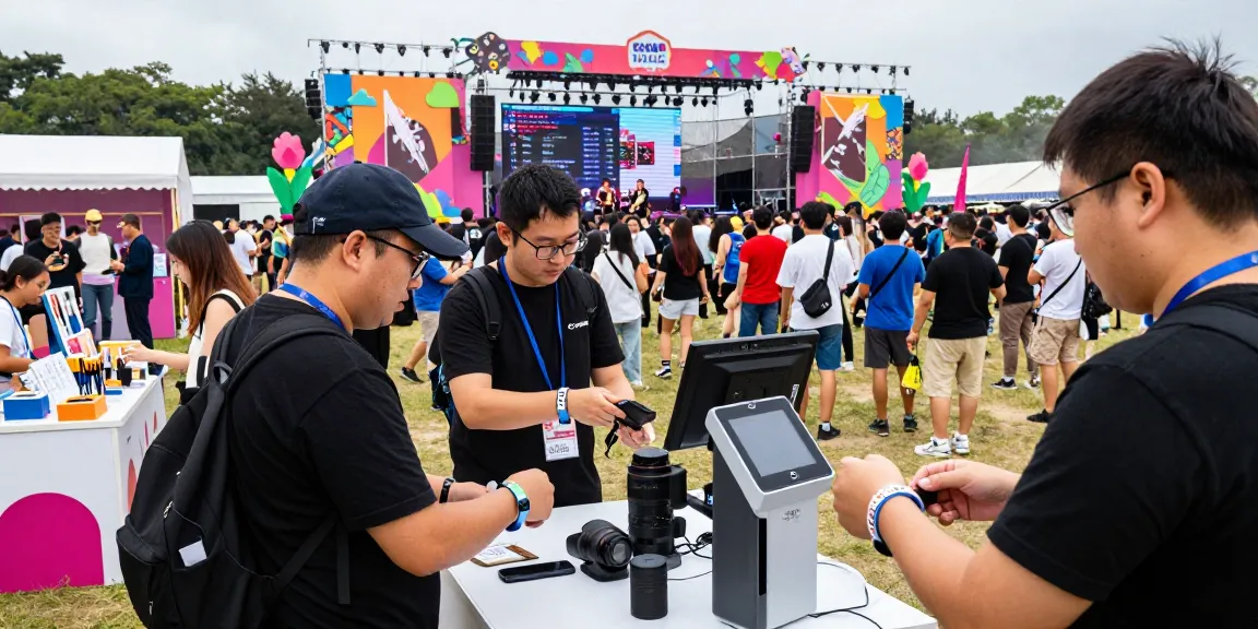 Effortless access control with pulseras electrónicas para eventos at a lively festival showcasing vibrant activities and attendee engagement.