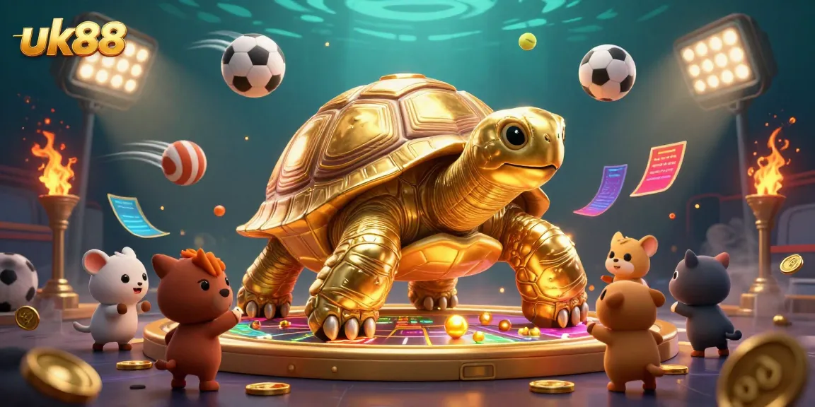 Experience exciting games with uk88's dynamic casino scene featuring a colossal golden tortoise and sports elements.