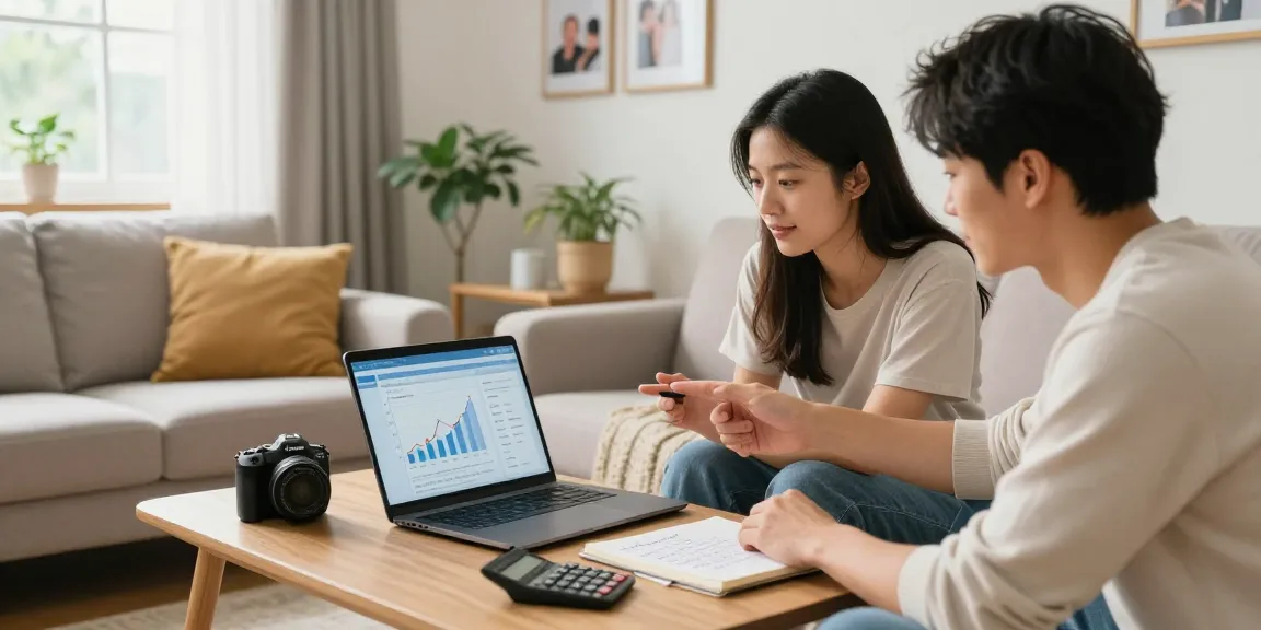 Simular hipoteca with a couple reviewing mortgage options in a bright living room.